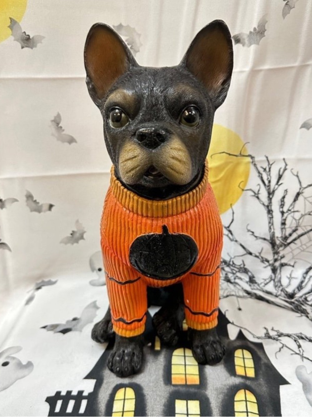 Frenchie Dog Statue Wearing Orange pumpkin Sweater Decorative Pet Figurine